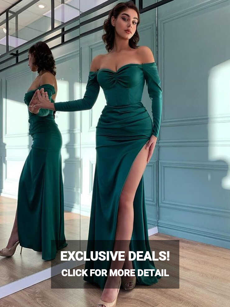 Off Shoulder Long Sleeves Emerald Green Prom Dresses, High Side ...