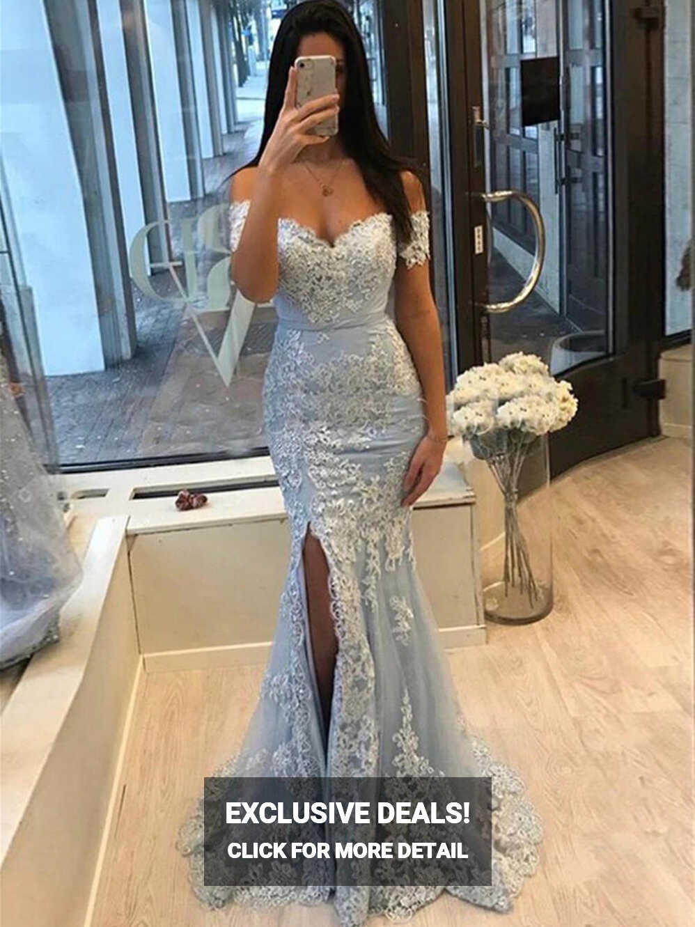 Off Shoulder Mermaid Light Blue Lace Long Prom Dresses, Off ...