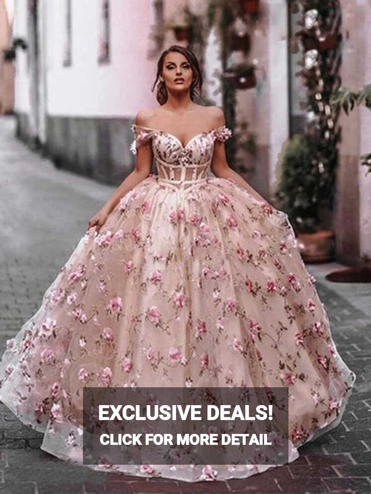 Off Shoulder Pink Floral Long Prom, Off the Shoulder Pink Formal ...