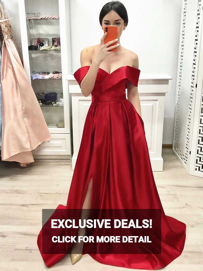 Off Shoulder Red Prom Dress with leg Slit, Red Off the Shoulder ...