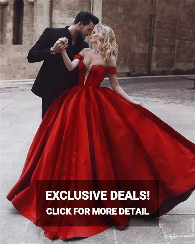 Off Shoulder Red Satin Ball Gown Long Red Evening Dress ...