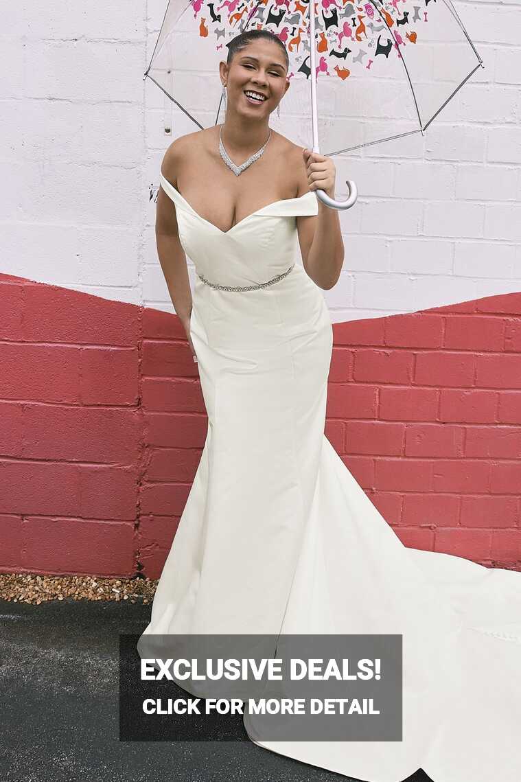 Off-Shoulder Satin Mermaid Wedding Dress | David&#39;s Bridal