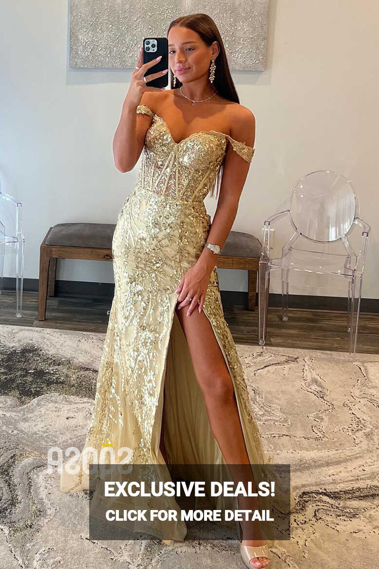 Off-Shoulder Sequin Illusion Gold Long Prom Dress With Slit ...