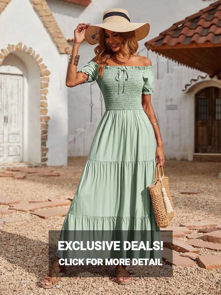 Off Shoulder Shirred Lace Up Ruffle Hem Dress