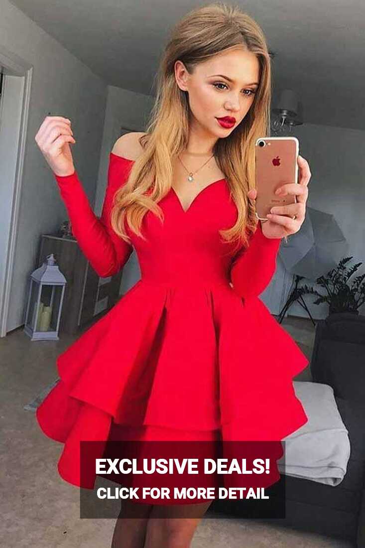 Off-Shoulder V-neck Tiered Red Long Sleeves Satin Short Prom Dress ...