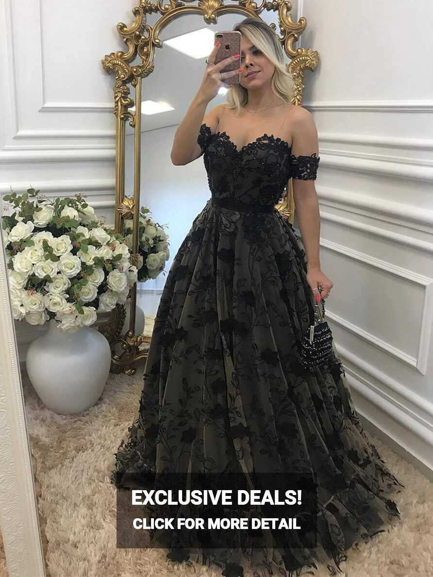 Off Shouler Black Lace Long Prom Dresses with Appliques, Off ...