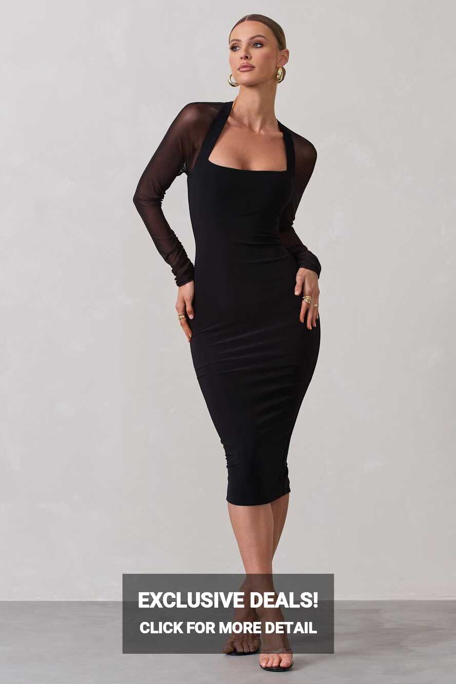 Off Track Black Bodycon Midi Dress With Sheer Sleeves – Club L ...