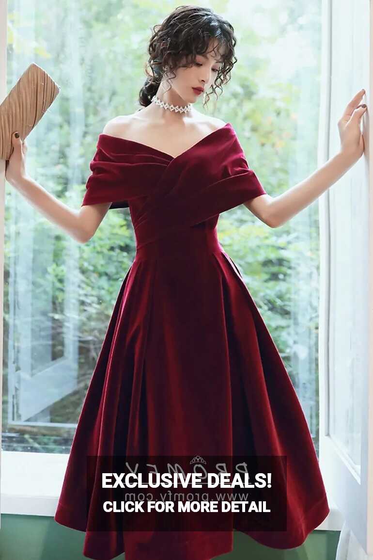 Off-shoulder Burgundy Velvet Tea-length Prom Dress - Promfy