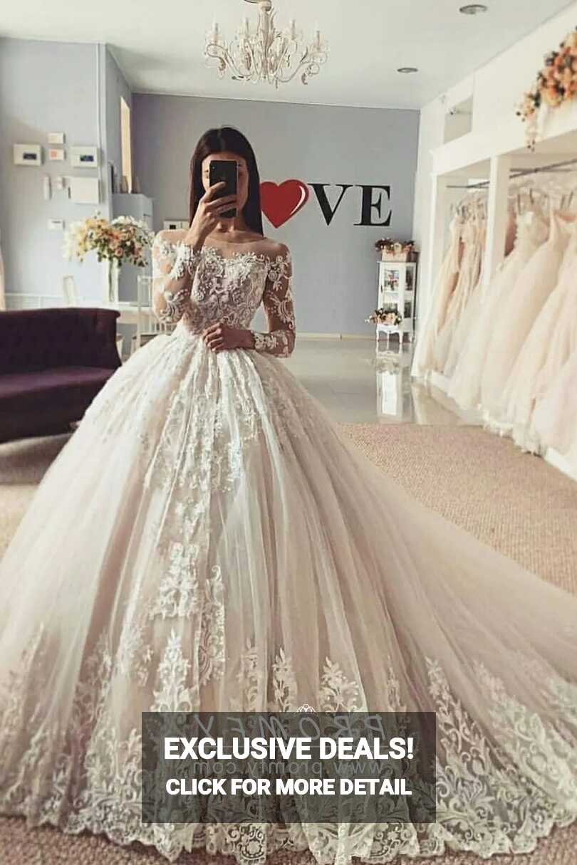 Off-shoulder Lace Long Sleeve Princess Wedding Gown - Promfy