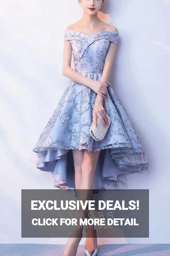 Off-shoulder Light Blue Lace &amp; Satin Cocktail Dress - Promfy