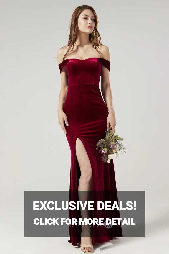 Off-shoulder Straps Slit Dark Red Bridesmaid Dress - Xdressy