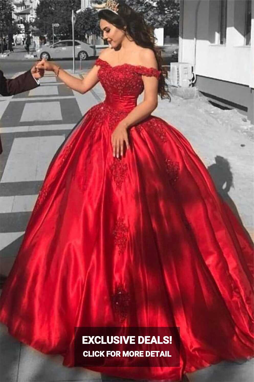 Off-the-Shoulder Ball Gown Red Evening Dress | Lace Prom Dress ...