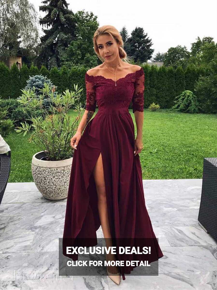 Off the Shoulder Burgundy Modest Bridesmaid Dresses with Slit ...