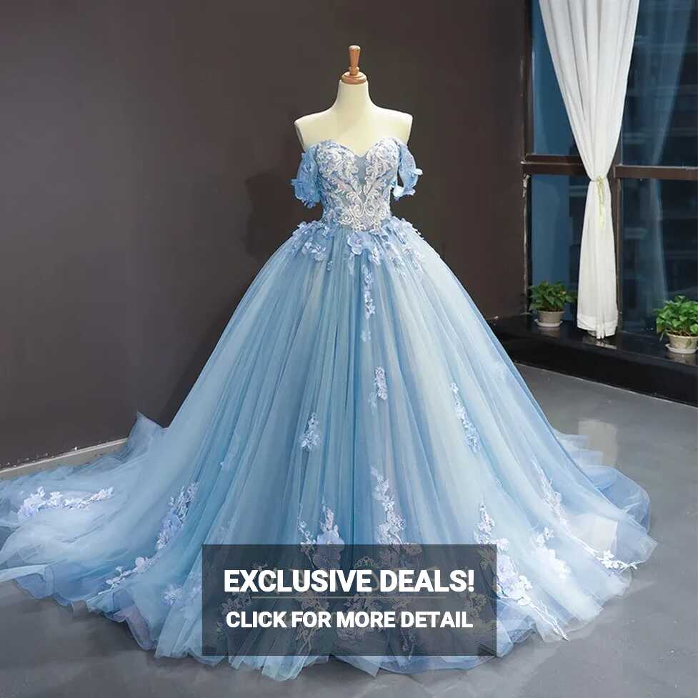 Off-the Shoulder Lace Appliqued Ice Blue Princess Gown - Promfy