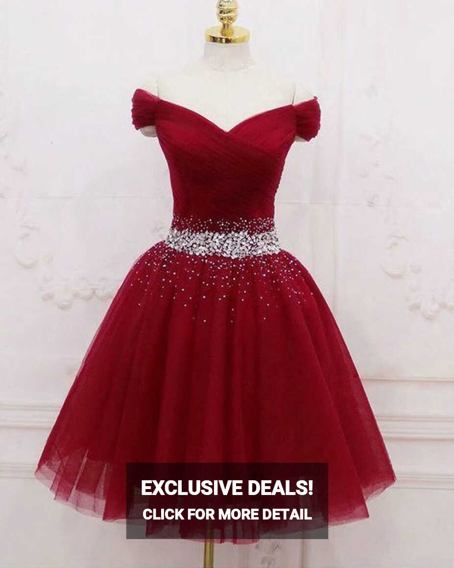 Off the Shoulder Red Short Homecoming Dress Beaded Tulle Lace Up ...