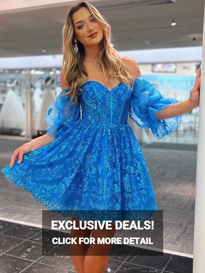 Off the Shoulder Short Blue Lace Prom Dresses, Off Shoulder Short ...