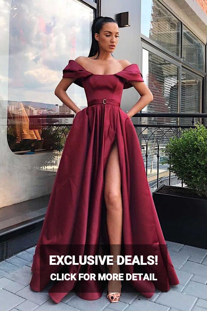 Off the Shoulder Side Slit Burgundy Prom Dress with Belt ...