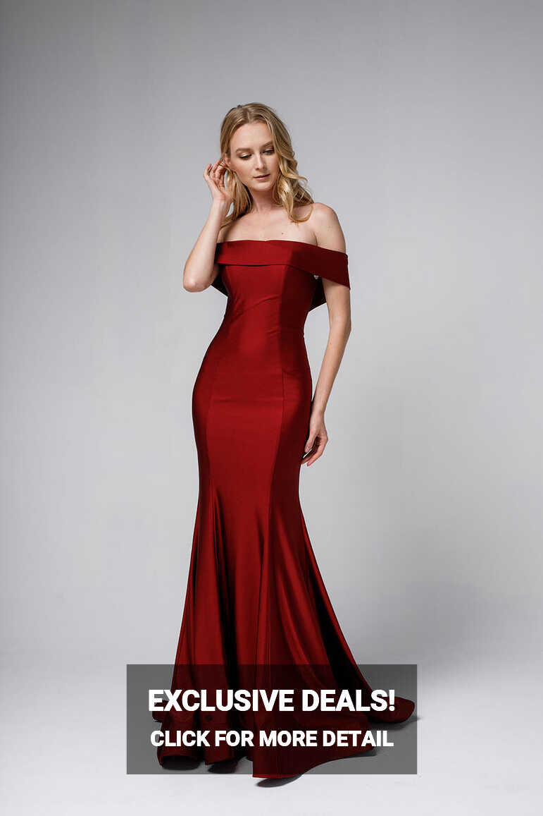 Off-the-Shoulders Satin Fitted Burgundy Evening Dress AC373 ...