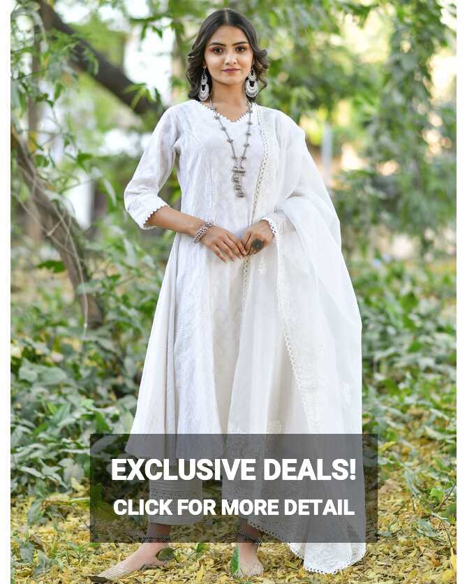 Off white jacquard cotton anarkali kurta set - set of three by ...