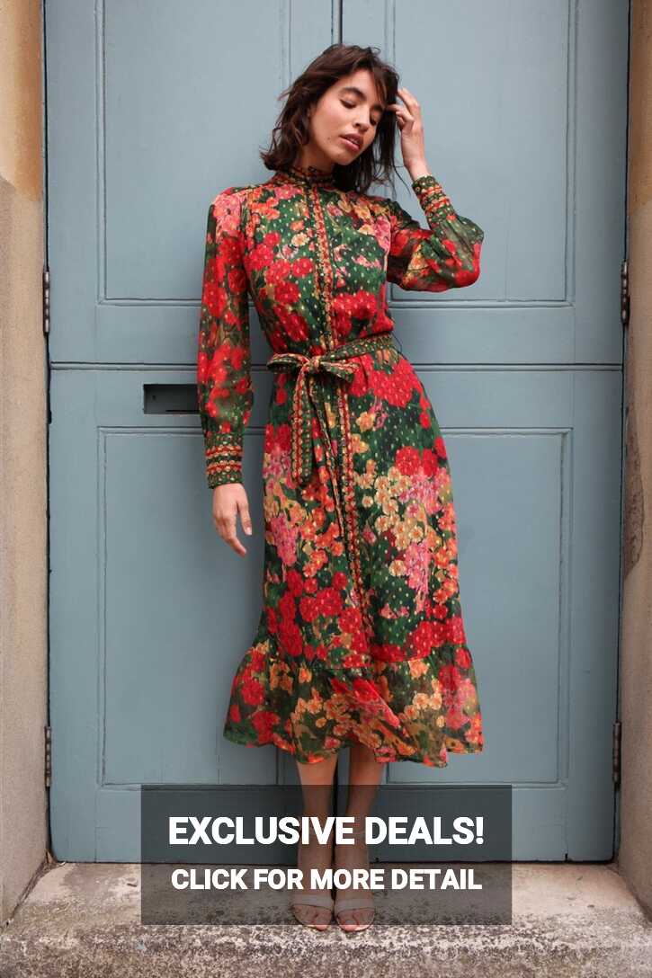 Olive Floral Long Sleeve Belted Shirt Midi Dress In Dark Orange ...