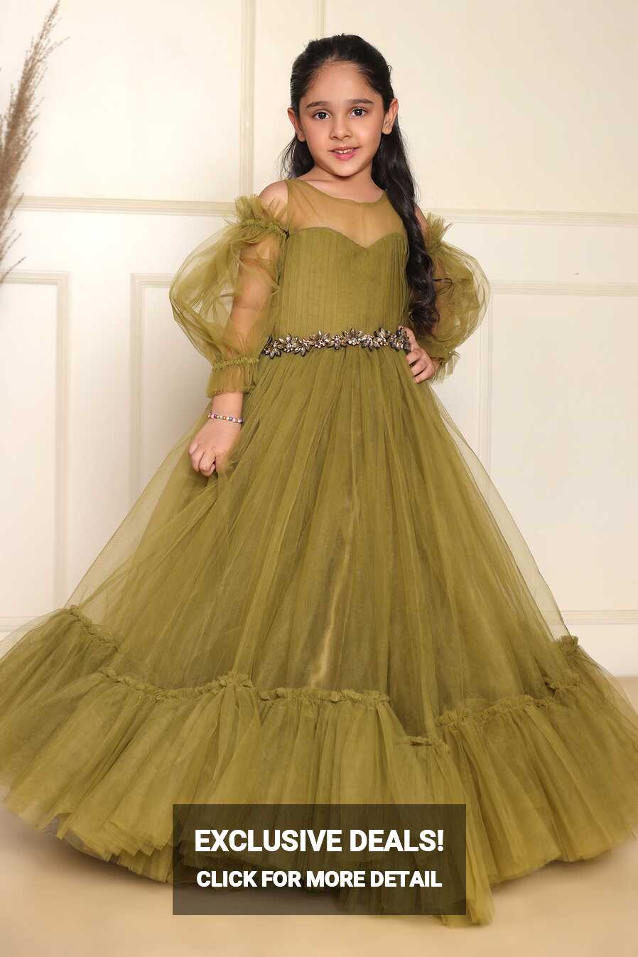 Olive Green Butterfly Net Gown With Belt For Girls Design by ...