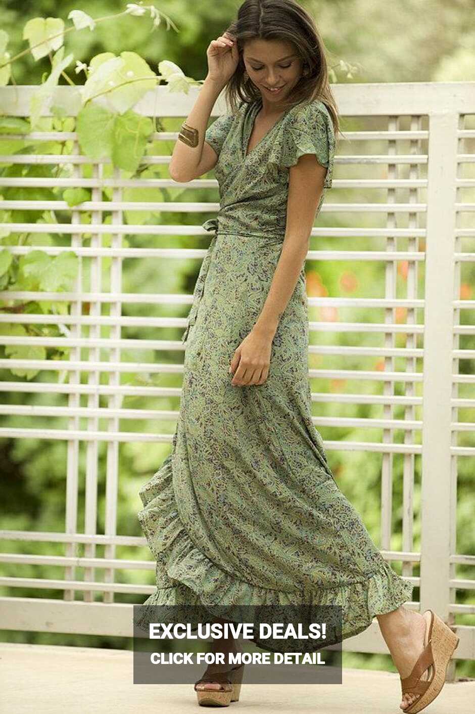 Olive Green Summer Maxi Dress, Floral Romantic Wrap Dress, Women ...