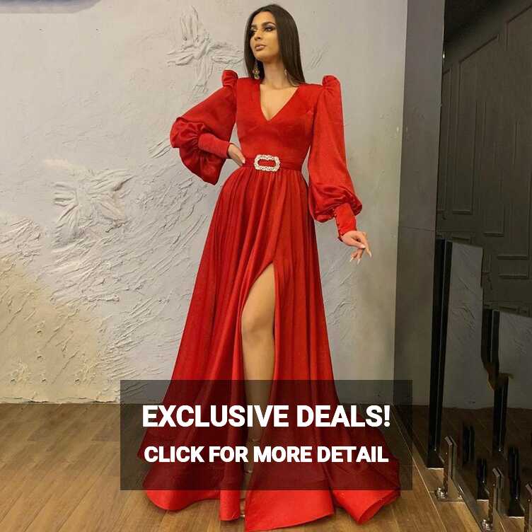 On Zhu Red Simple Elegant Evening Dresses Deep V Neck Empire Full ...