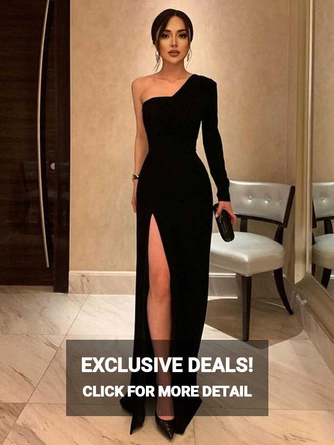 One Shoulder Black Velvet Long Prom Dresses with High Slit, Long ...