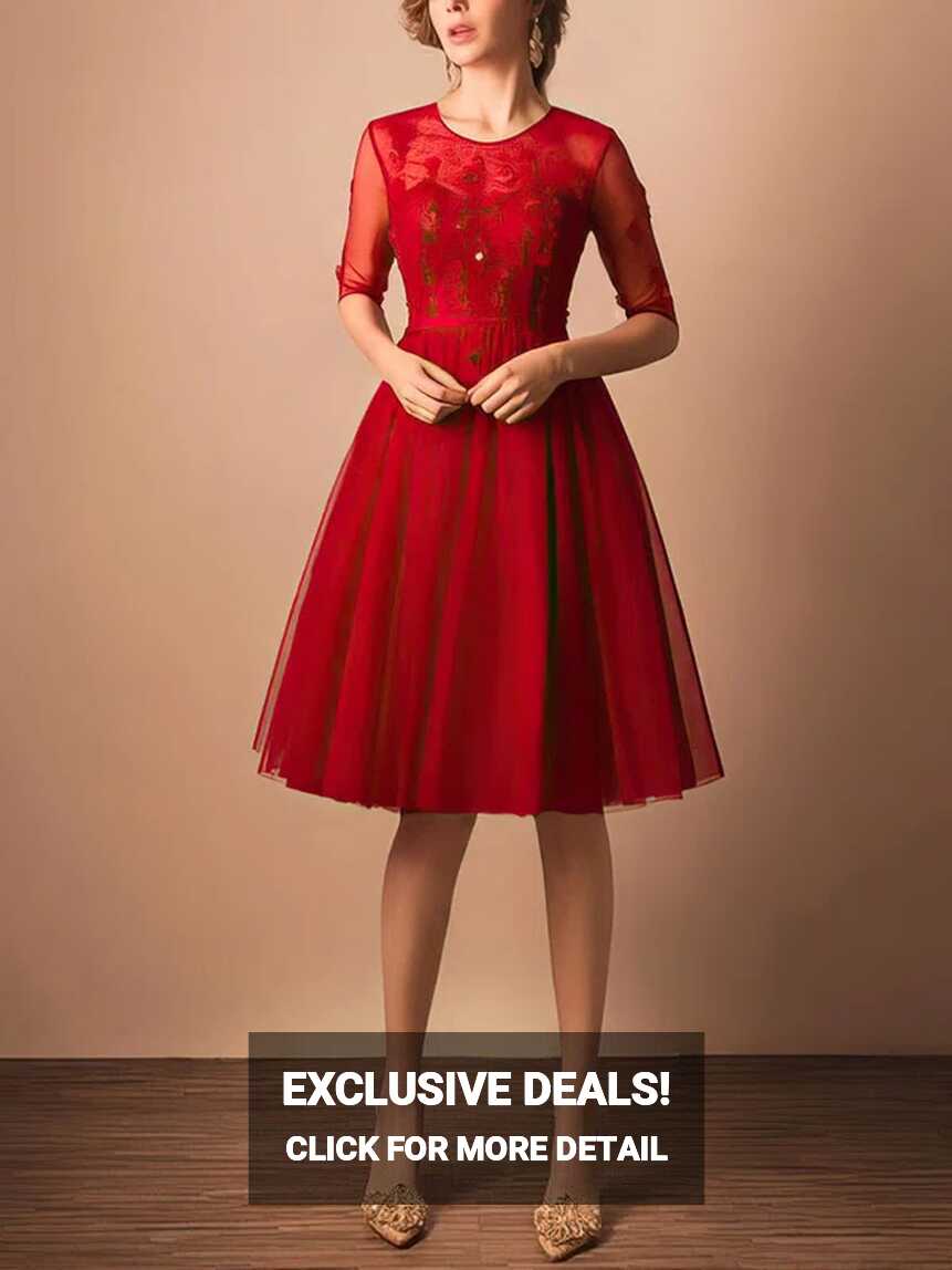 Online A-line Scoop Neck Tulle Knee-length Sashes / Ribbons Red 1 ...