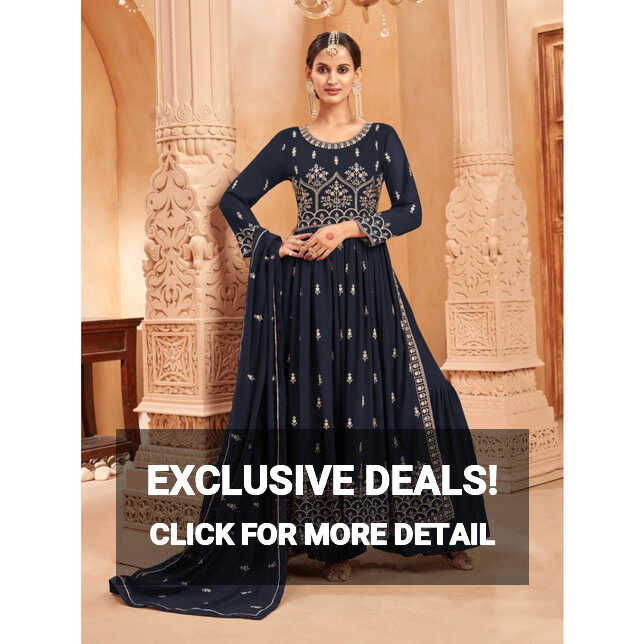 Online Shop Navy Blue Faux Georgette Embroidered Naira Cut Palazzo ...