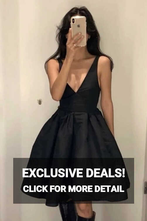 Open Back V Neck Black Satin Prom Dress, V Neck Black Homecoming ...