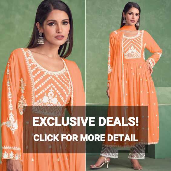 Orange Lucknowi Work Rayon Naira Cut Palazzo Suit