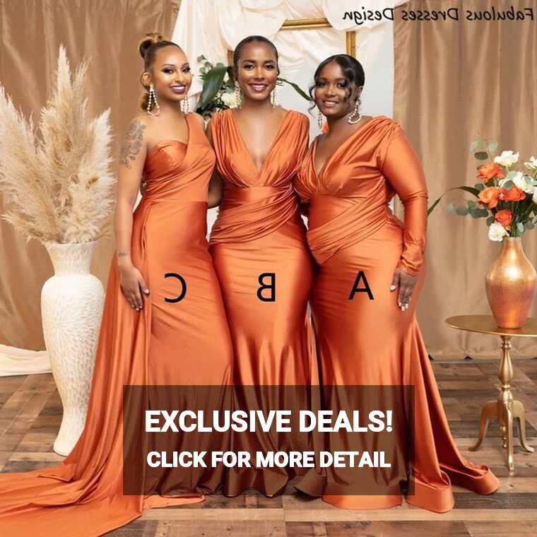 Orange Mermaid Long Bridesmaid Dresses Long Sleeve Pleat Deep V ...