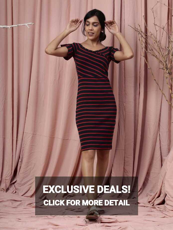 Organic Cotton Bodycon Dress with Strips- Navy Red – Shop Pro ...