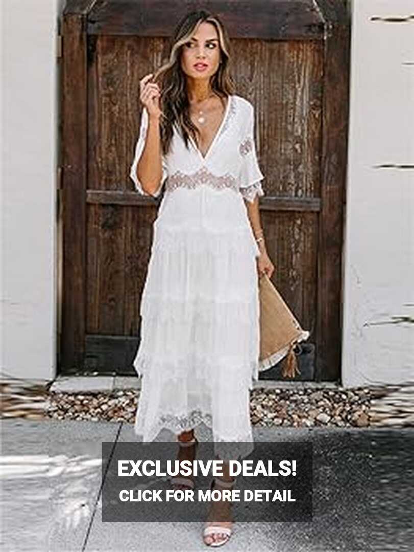 Ownwfeat Women&#39;s Long Maxi Dress Summer Lace White Boho Dress ...