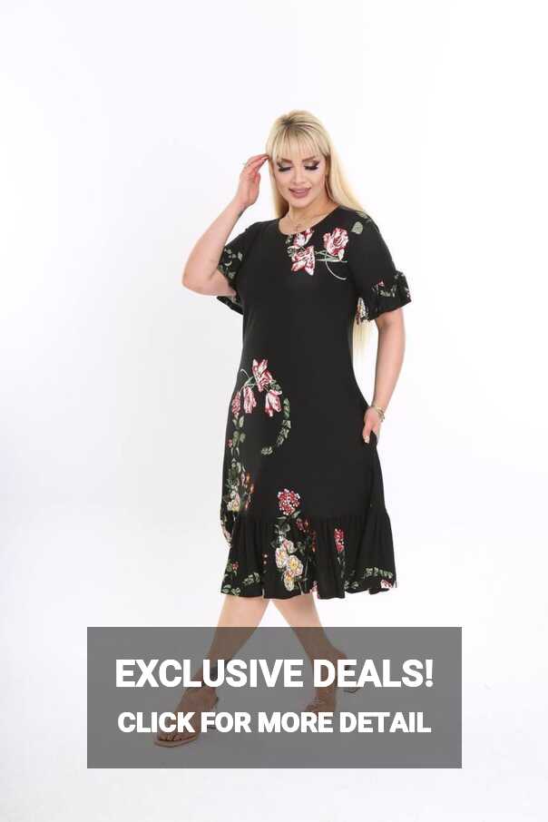 POLİXİM Polixim Large Size Black Floral Print Ruffle Short Sleeve ...