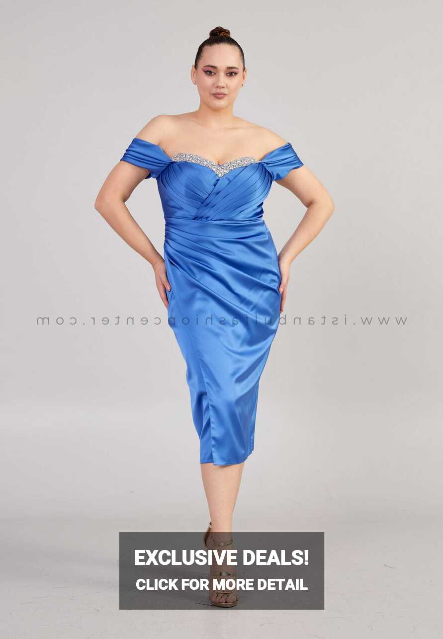 POP LINE VIP Off Shoulder Midi Satin Column Plus Size Blue Wedding ...