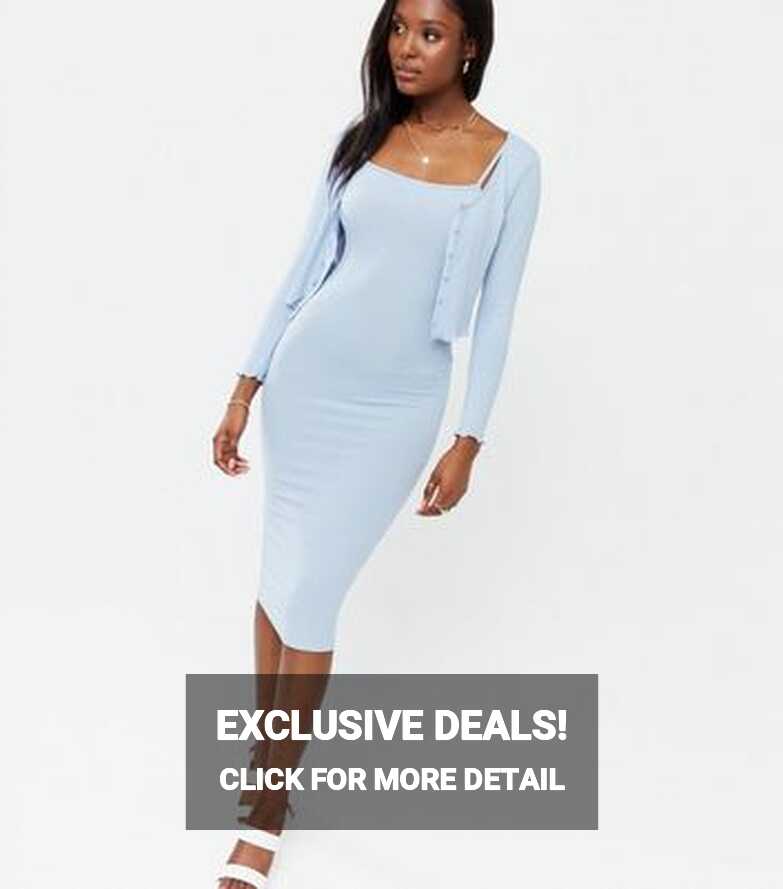 Pale Blue Ribbed Strappy Midi Dress and Cardigan Set | New Look