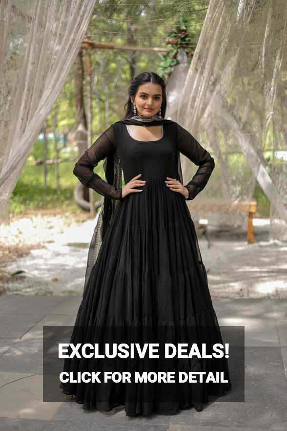 Party Wear Black Color Plain Long Gown With Dupatta - Cloths