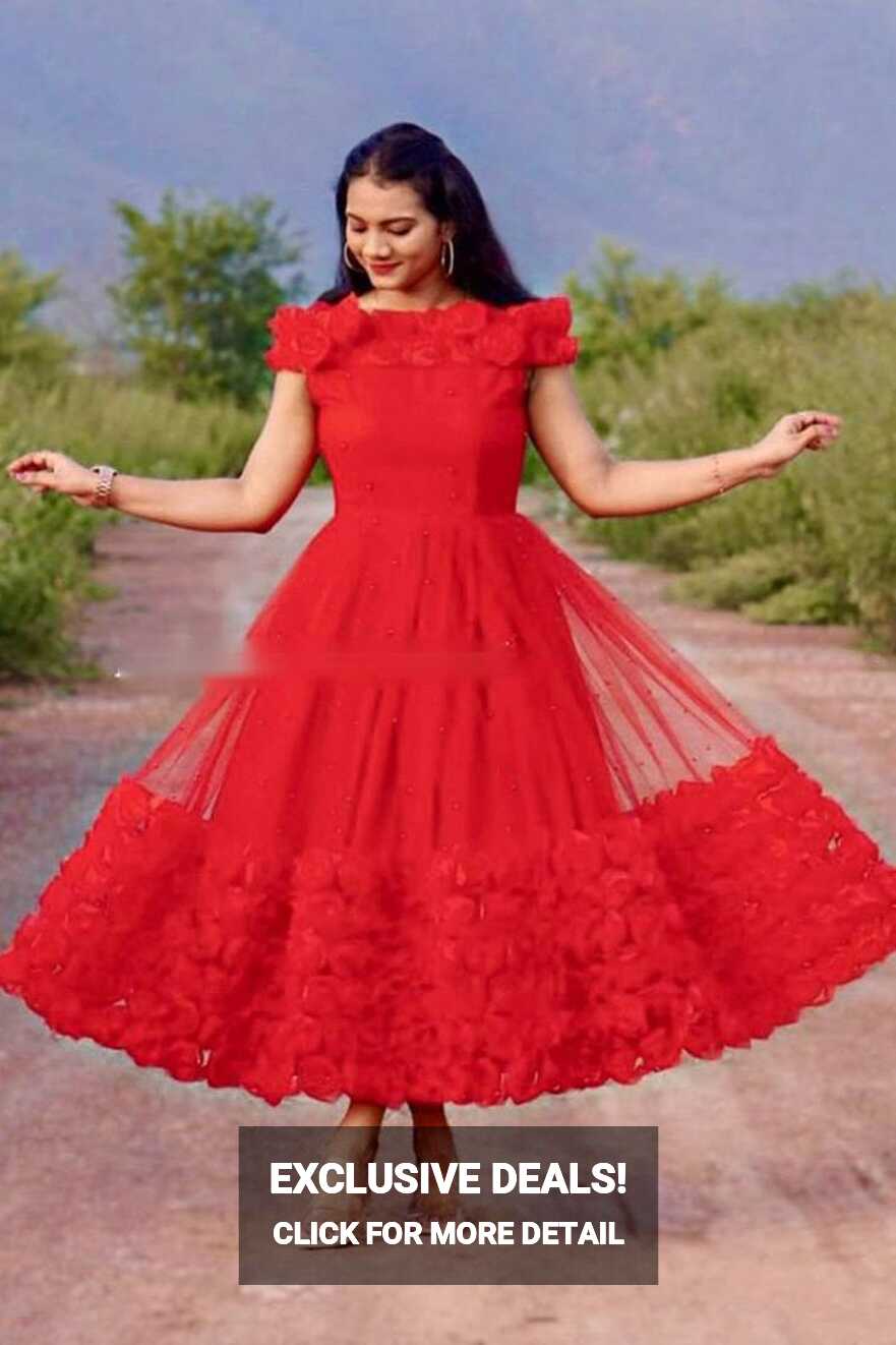 Party Wear Red Rose Flower Ribbon Work Short Gown