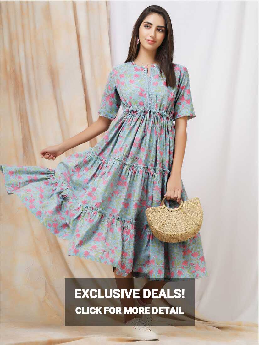 Pastel Blue Cotton Dress, Handblock Blue Floral Cotton Dress for ...