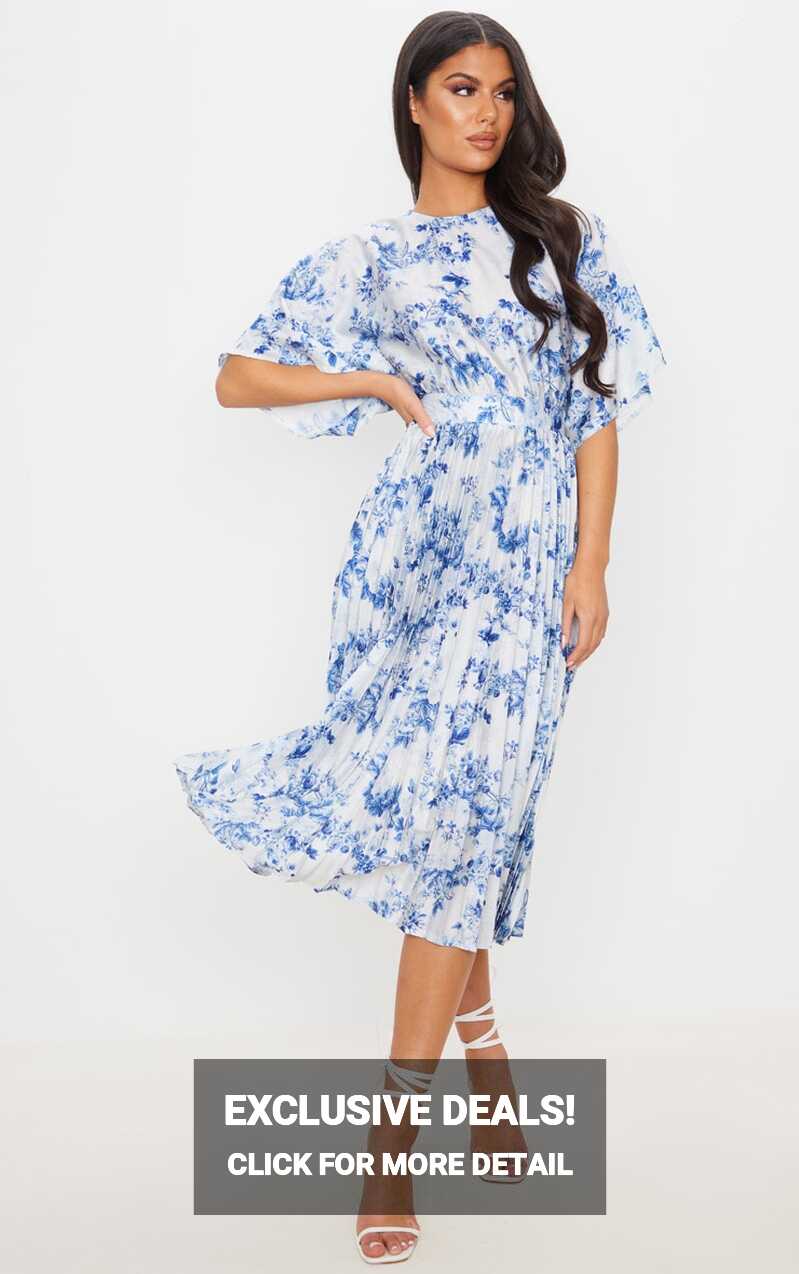 Pastel Blue Floral Print Open Back Pleat Midi Dress ...