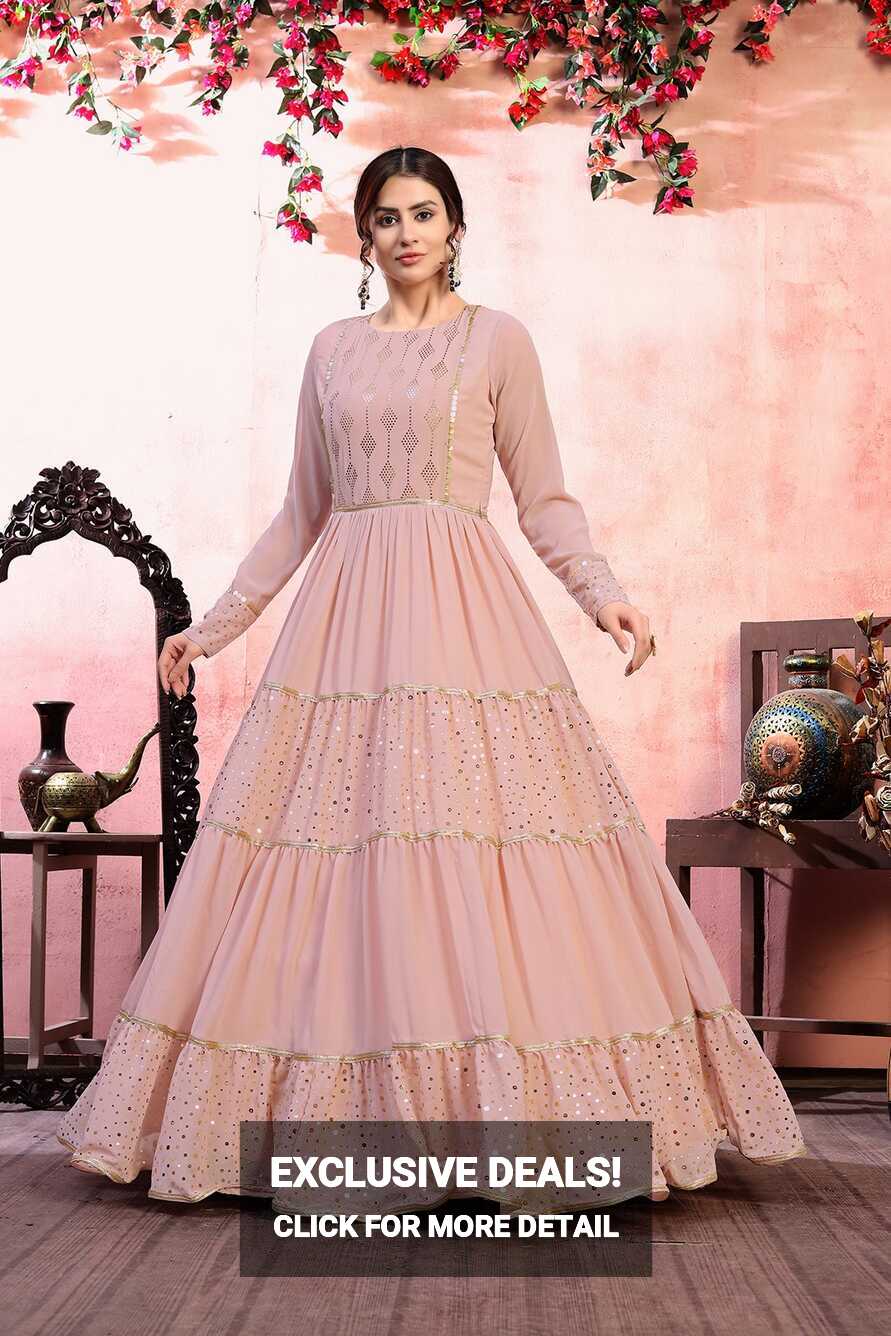 Peach Colored Thread And Sequence Work Elegant Long Gown For Party ...