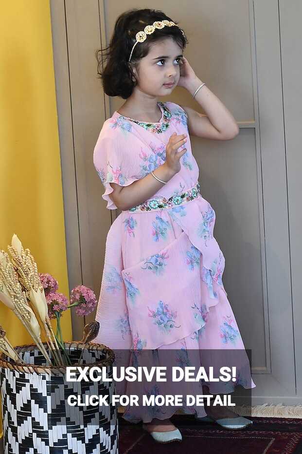 Peach Georgette Printed Pleated Dress For Girls Design by Fayon ...