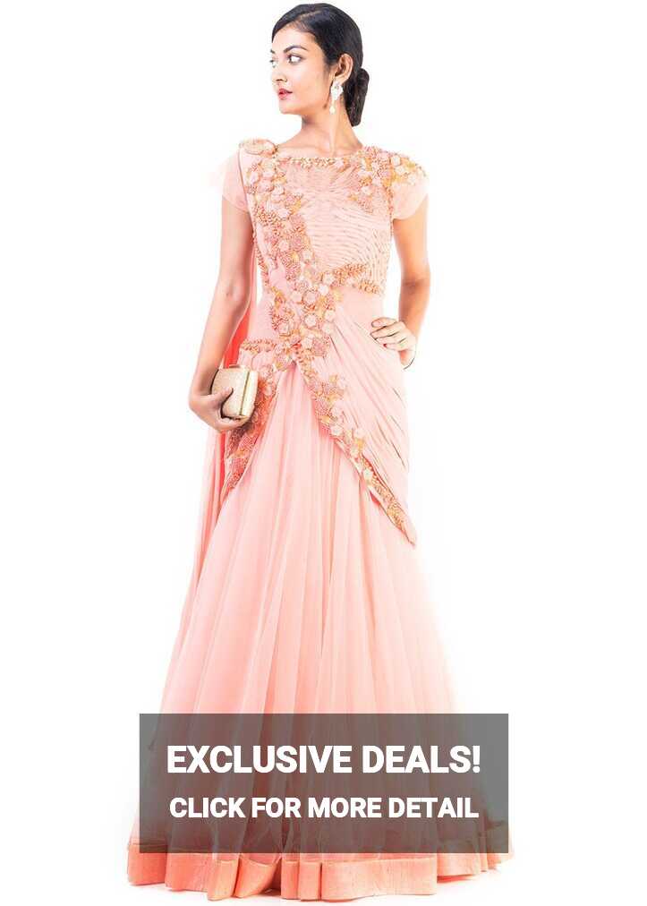 Peach Net Saree Style Indo Western Gown Designer Couture 169GW04