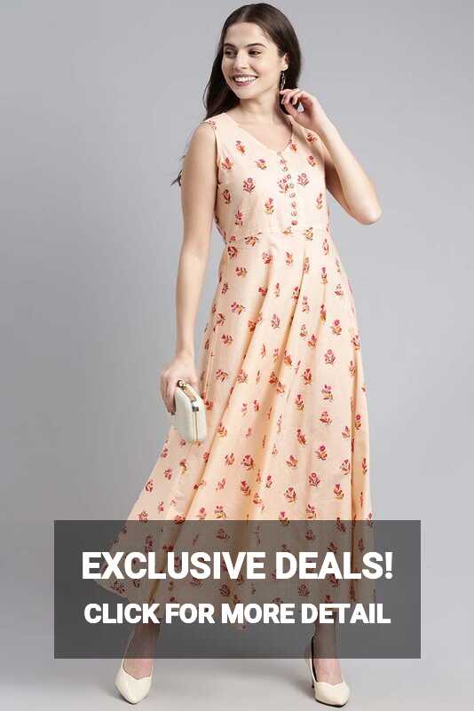 Peach Pure Cotton Floral Printed Maxi Dress VD1023 – Ahika