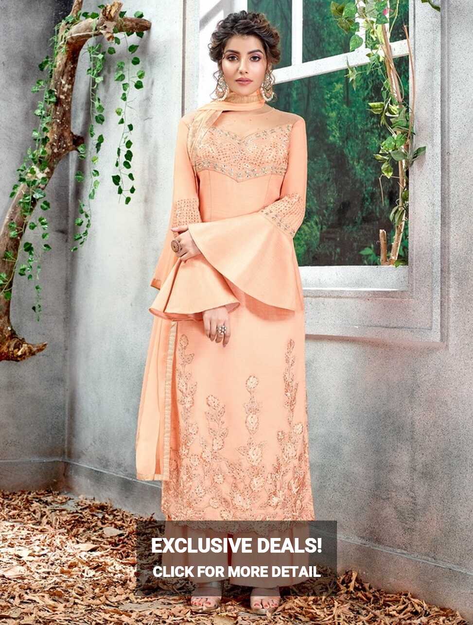 Peach Ranga Silk Flared Sleeve Palazzo Suit - Salwar Kameez ...