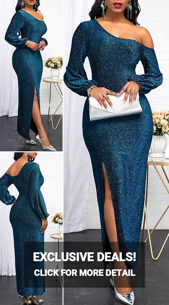 Peacock Blue Skew Neck Long Sleeve Dress