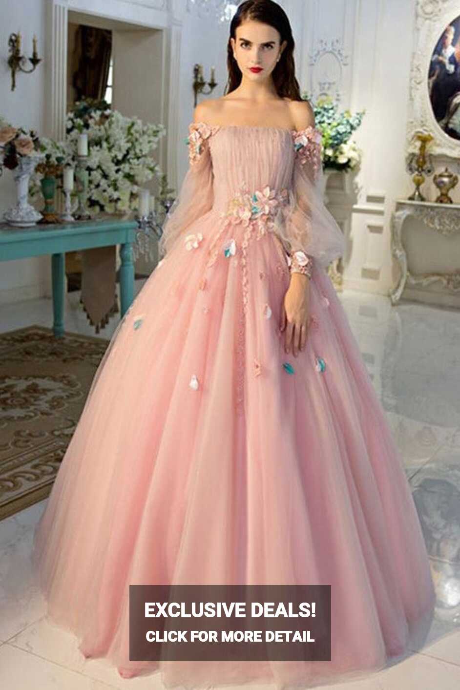 Pearl Pink Tulle Ball Gown Long Sleeves Prom Dress MP643 | Musebridals