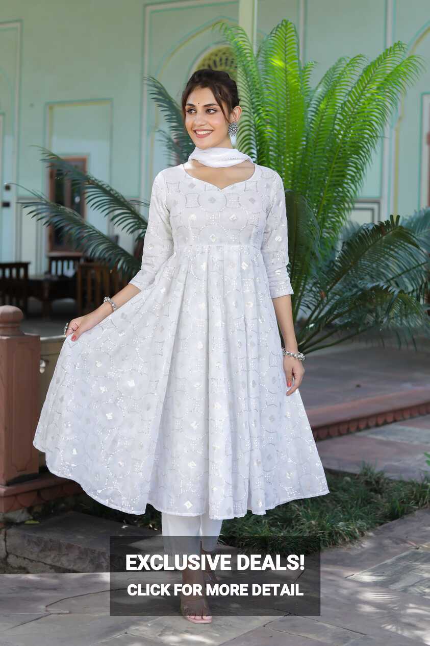 Pearl White Anarkali Kurta Palazzo Dupatta Set – Hatheli